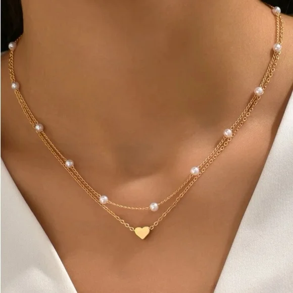 ⚠️Clearance 2pcs Heart And Faux Pearl Yellow Gold Necklace SS - Picture 1 of 5